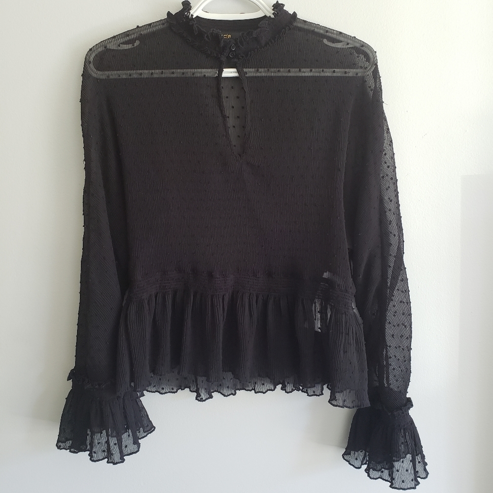 Maje Laurine Swiss Dot High Neck Ruffle Peplum Top